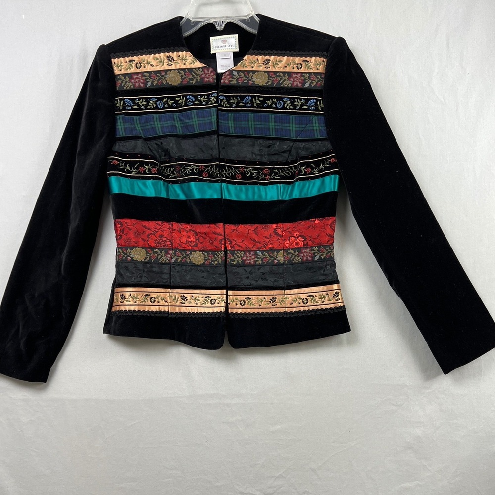 Susan Bristol Velvet Jacket Womens 4 Black Floral Plaid Embroidered Evening Coat